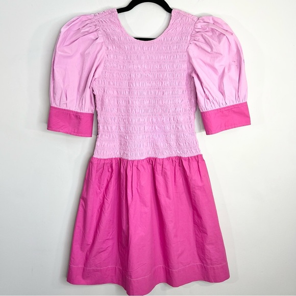 NWT GANNI COLOUR BLOCK Organic COTTON POPLIN SMOCKED MINI DRESS IN PHLOX PINK 38 - Picture 3 of 17